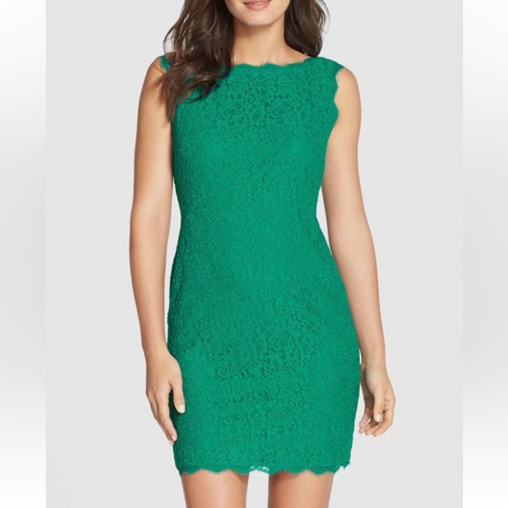 Adrianna Papell Emerald Green Boatneck Lace Sheath Dress Womens 8 | AB551